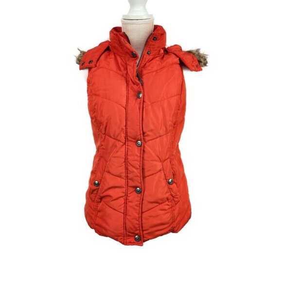Green Tea Hooded Puffer Vest Sz Med Orange Red Faux Fur Zip Snap Up Sherpa Lined - Picture 2 of 10